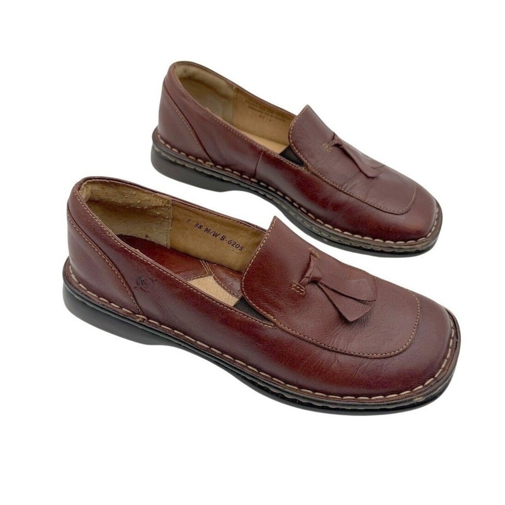 BØRN Womens Brown Leather Tassel Loafers Square Toe Academia Comfort Sz 7